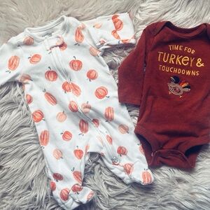 Pumpkin Print and Turkey Graphic Kids One Pieces